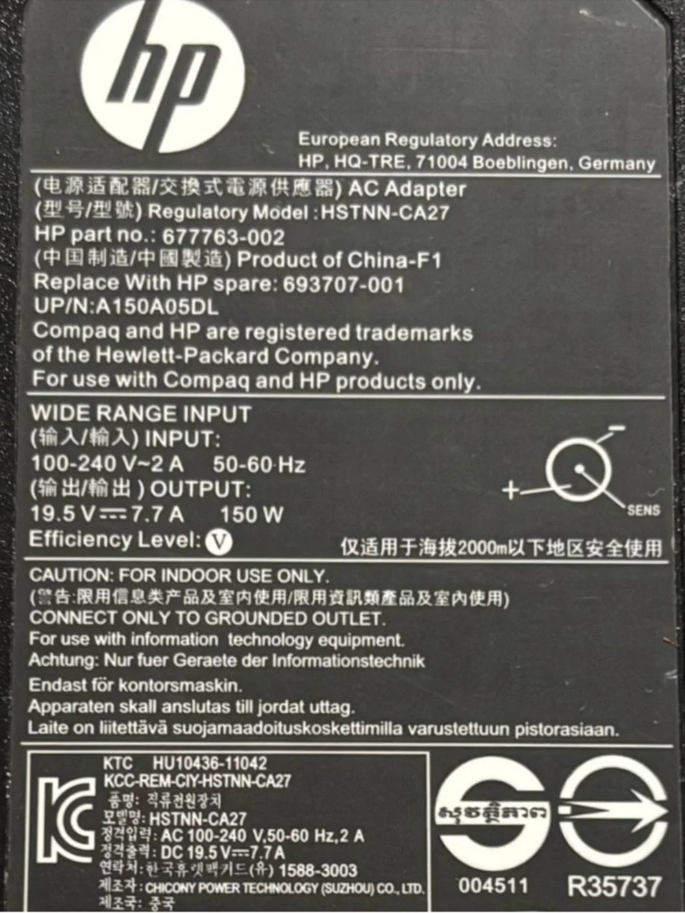 Genuine HP 150W AC Adapter Charger HSTNN-CA27 693707-001 Slim Laptop Power Cord